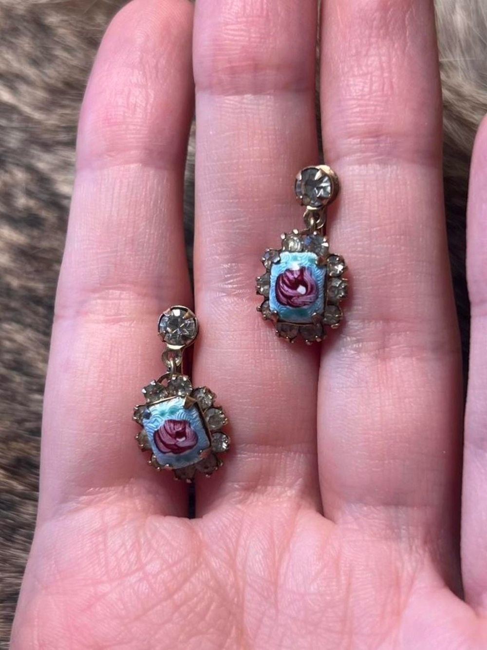 Vintage rhinestone enamel rose earrings